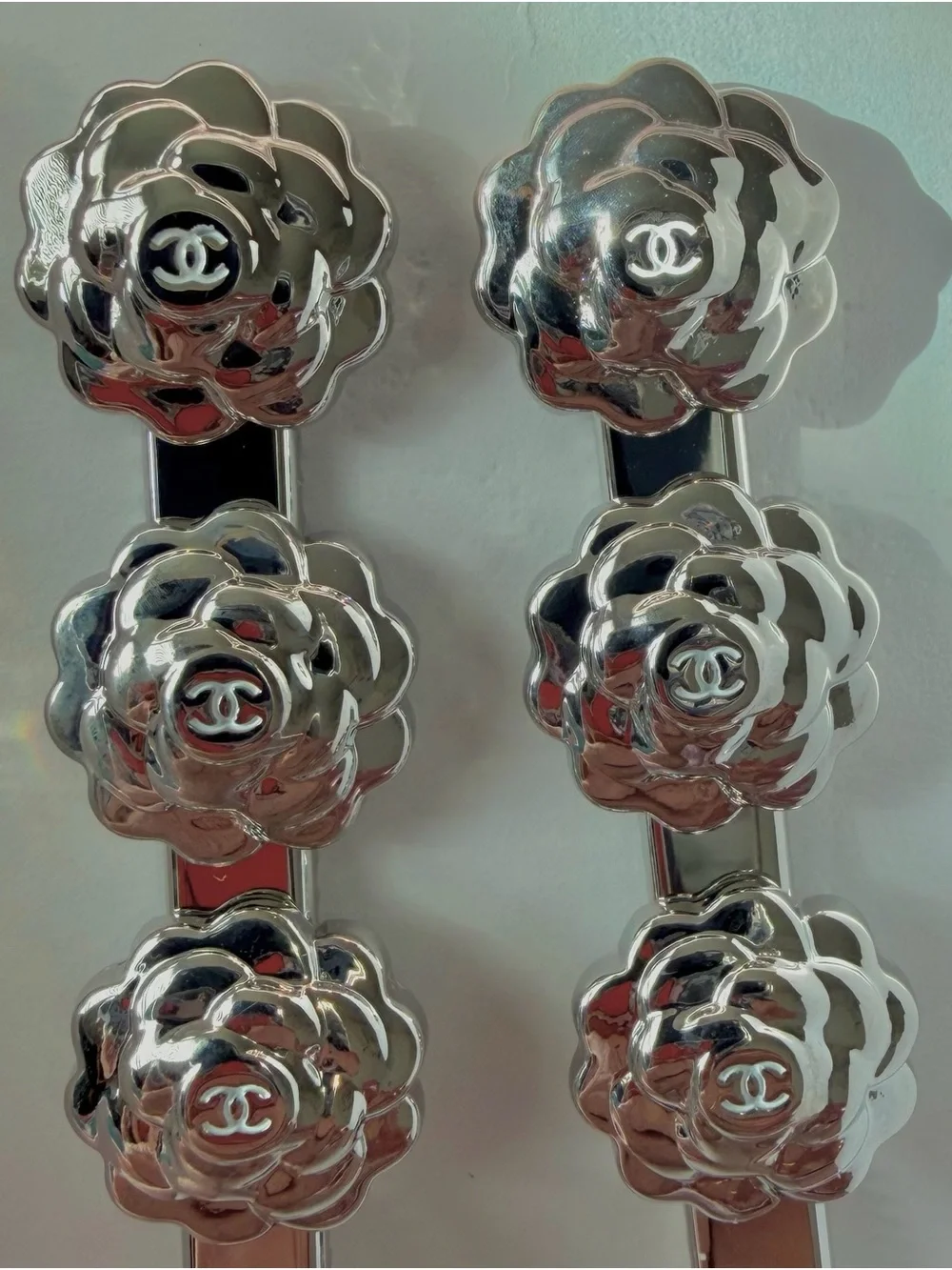 CHANEL Silver Camellia Clip Pair — Shiny Floral Brooch Clips NWT